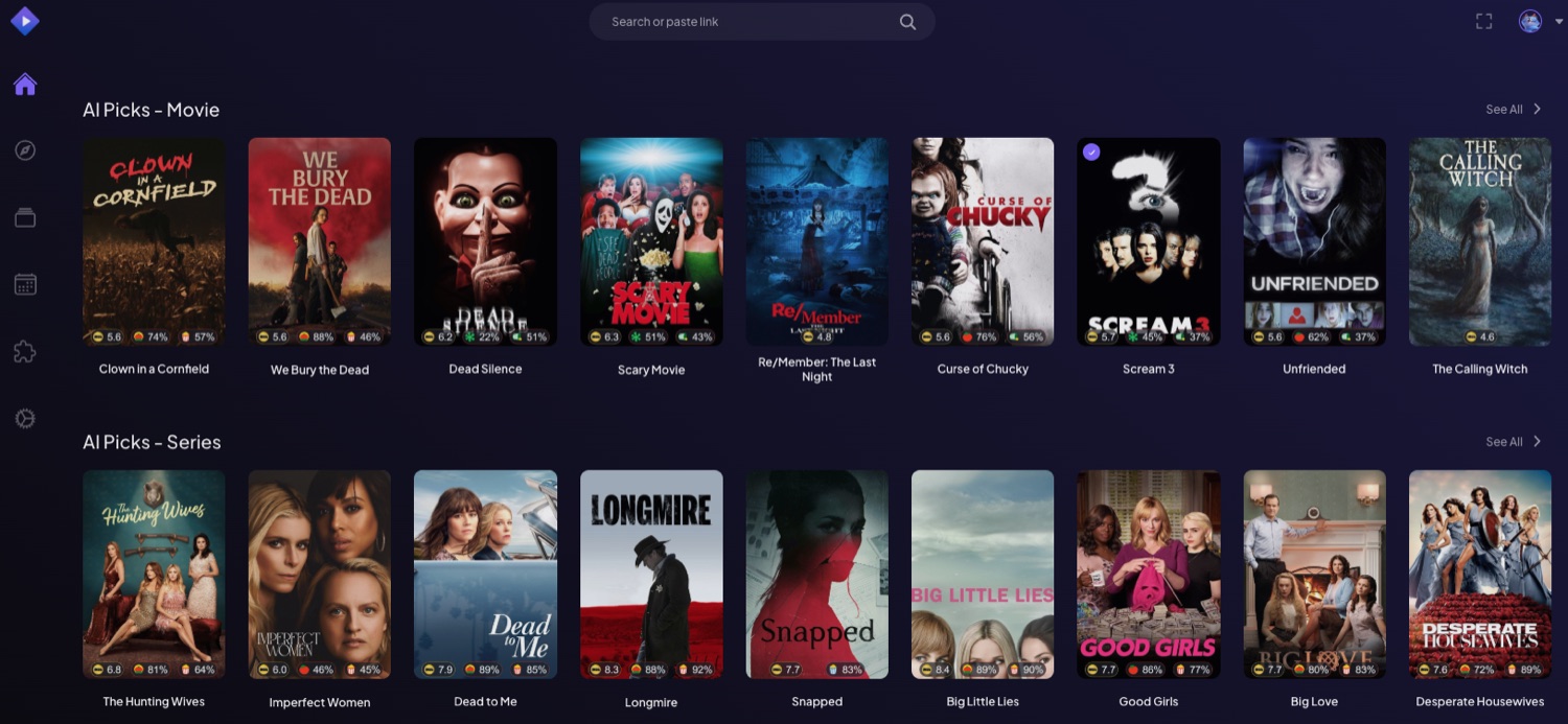 AI Picks rows inside Stremio: personalized movie and series recommendations, each poster carrying IMDb, Rotten Tomatoes, and Metacritic rating badges.