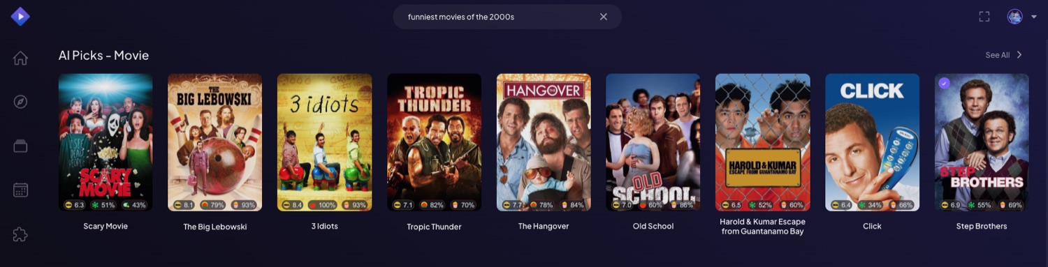 Semantic search in Stremio: the natural-language query 'funniest movies of the 2000s' returns The Big Lebowski, Tropic Thunder, The Hangover, Step Brothers and more.